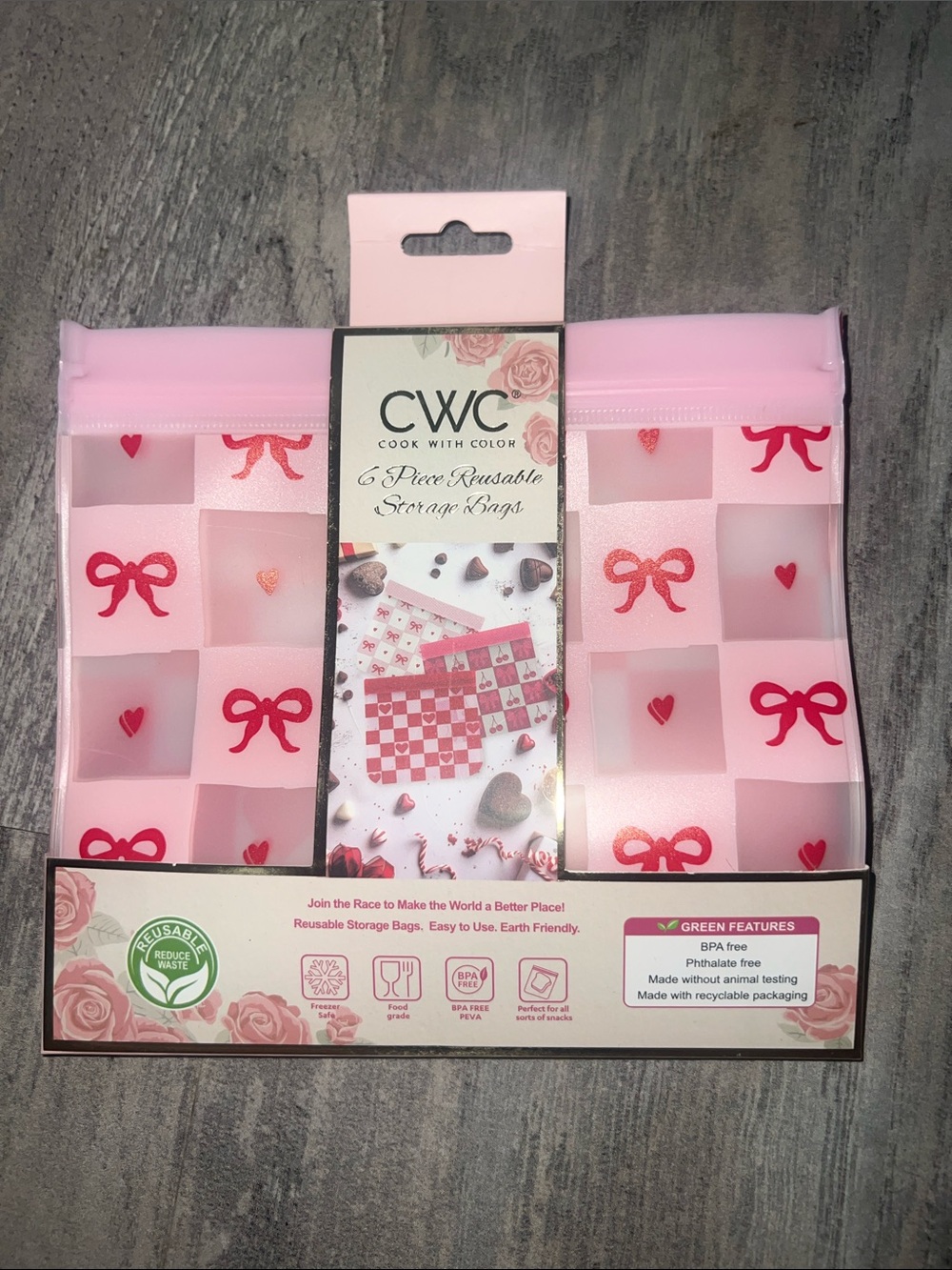 CWC Pink Bow & Heart Reusable Storage Bags - Pack of 6